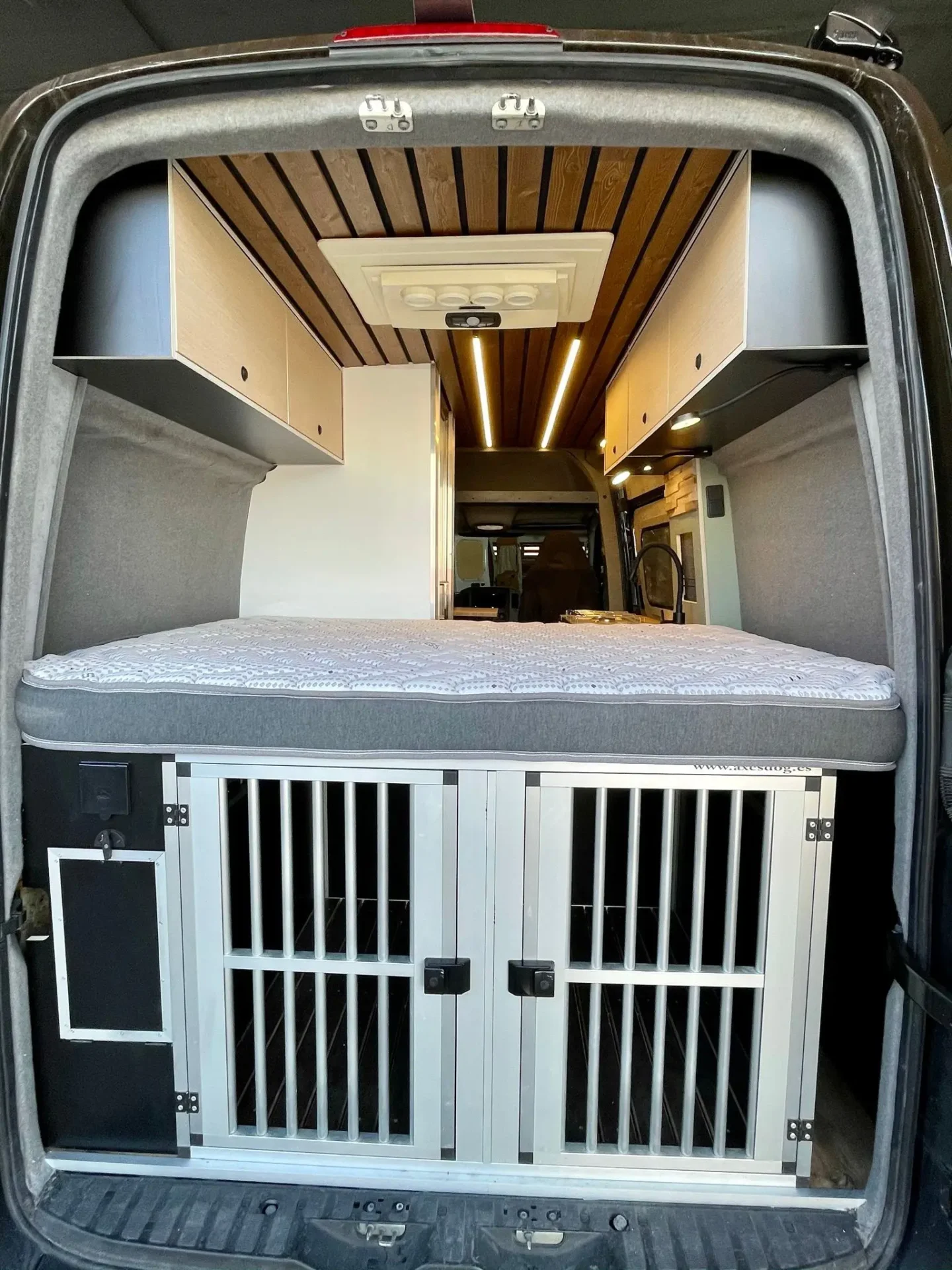 Puerta trasera de la Mercedes Sprinter Camper con jaulas para perros bajo la cama.