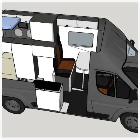 Diseño conceptual de una camper van con distribución interior.