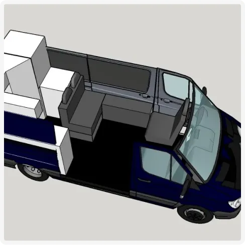 Maqueta en 3D de una furgoneta camper de Baovan, mostrando una distribución interna inteligente con asientos convertibles y almacenaje estratégico, ideal para la vida en carretera.